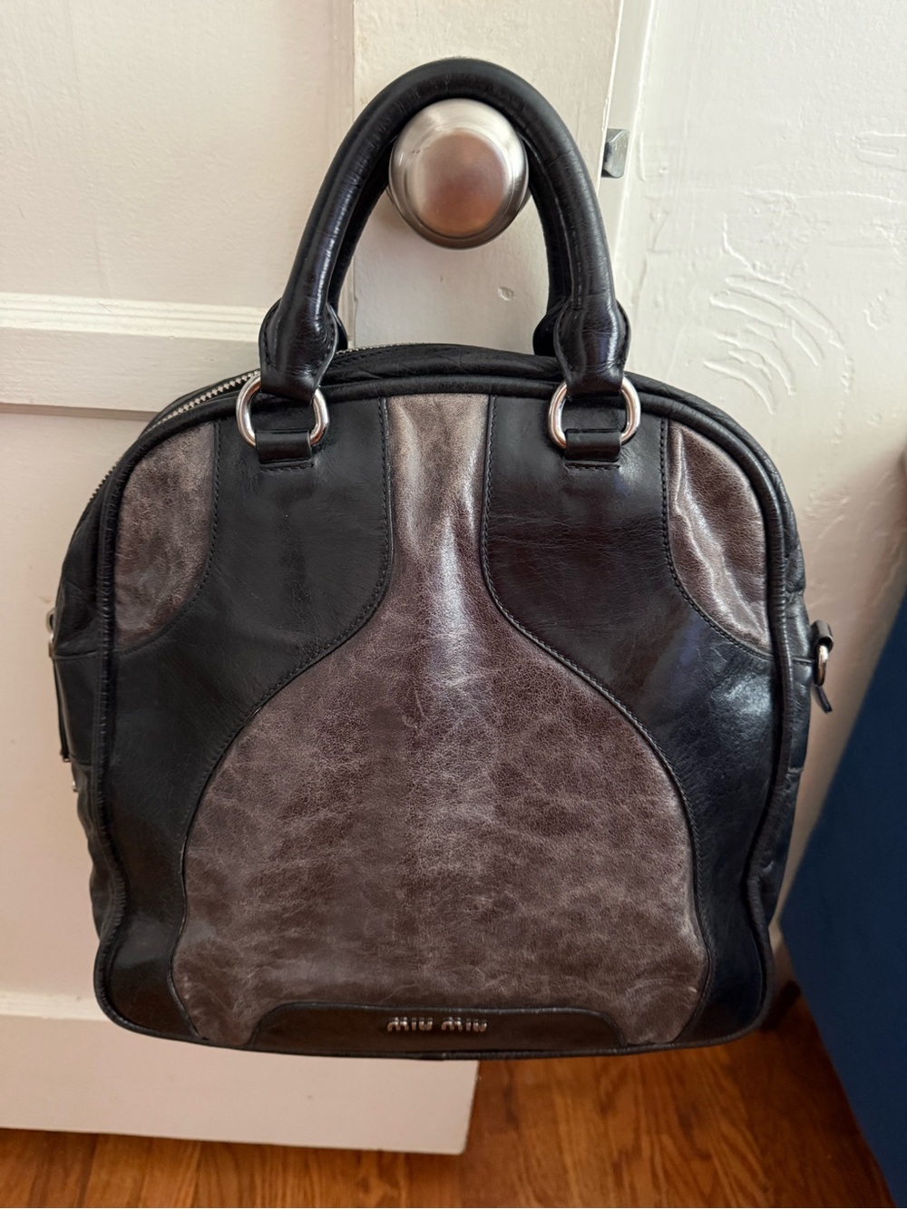 Miu Miu Black and Metallic Gray Leather Satchel